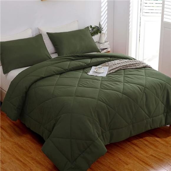 Comforter Set Queen Size, Ultra Soft Microfiber, 3 Pieces Olive Green Comforter - Picture 1 of 6